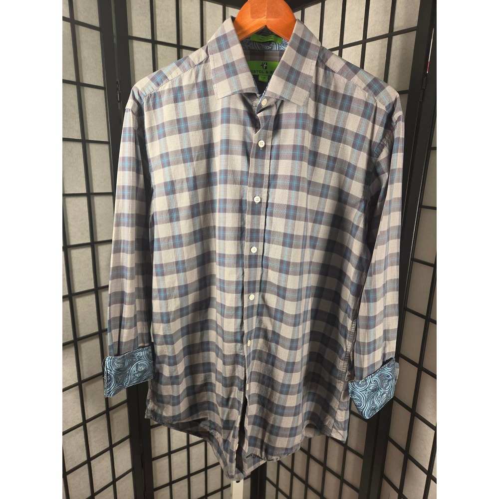 Bristol & Bull Mens L Dress Shirt Brown Blue Plaid Paisley Contrast Cuffs Cotton